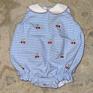 Anavini Blue Gingham Cherry Embroidered Bubble - 6M